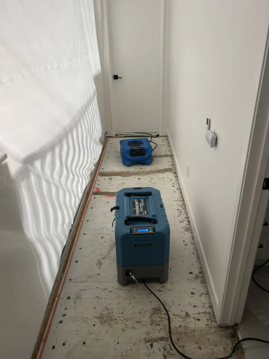 Air mover and dehumidifier positioned in a residential hallway